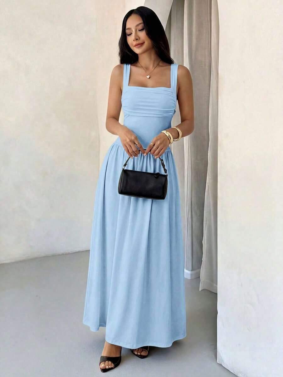 Vestido evasé de unicolor marrón café con cuello cuadrado elegante para mujer, primavera/verano - Azul - Ver 1