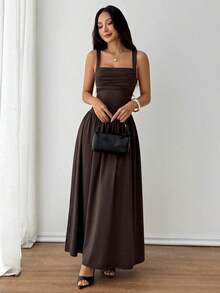 Vestido evasé de unicolor marrón café con cuello cuadrado elegante para mujer, primavera/verano - Marrón - Ver 5