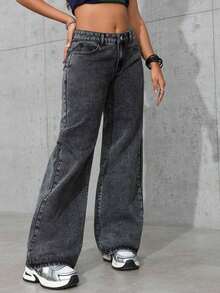 ICON Pantalones vaqueros de pierna ancha de unicolor, de bolsillo, informales y versátiles - Gris Claro - Ver 1