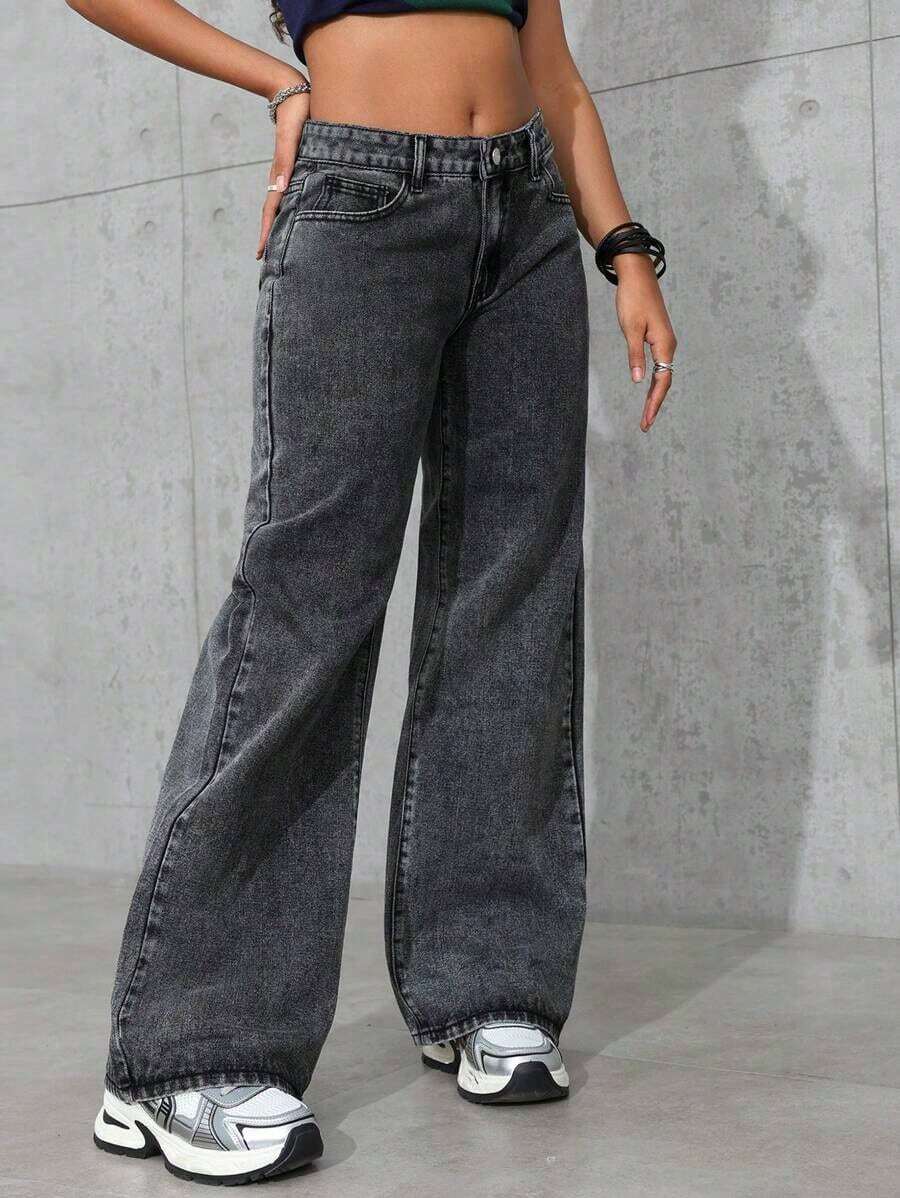 ICON Pantalones vaqueros de pierna ancha de unicolor, de bolsillo, informales y versátiles - Gris Claro - Ver 1