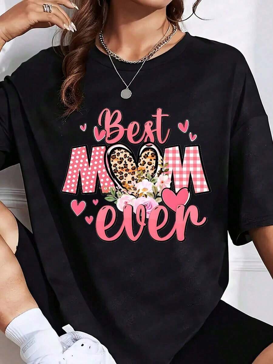 1 Piece Mom T-Shirt With Floral Heart Design And Leopard Print, It's A Perfect T-Shirt To Gift To Friends And Family On Any Holiday Or Special Occasion, 180g 100% Cotton - 黑色 - 查看 1