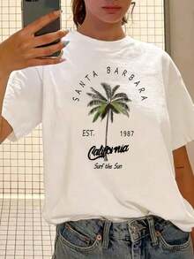 1 pieza Camiseta de Mujer con Estampado Casual Vintage de Alfabeto y Cuello Redondo, 180g 100% Algodón - Blanco - Ver 7