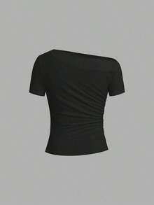 Camiseta de moda de manga corta con hombros oblicuos y ajustada de unicolor para mujer, verano - Multicolor 5 - Ver 6