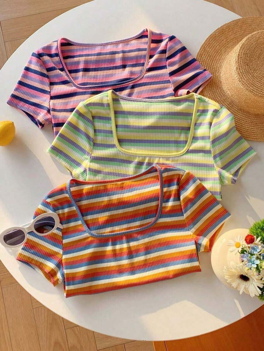 Set de 3 camisetas básicas de cuello redondo y manga corta para mujer, en negro y blanco - Multicolor 5 - Ver 1