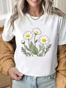 1 Piece Of Women's Short-Sleeved T-Shirt With A Round Neck And An Interesting Print. Black T-Shirt With A Daisy Flower Design, Casual Short-Sleeved Top For Women, Boho Floral Print, Loose Fit, Ideal For Summer. Suitable For Christmas Parties, Sports Activities, Holiday Parties, Outings, Sports, And Other Holiday Gifts. 180g 100% Cotton, The Designs Are Fully Printed. Unisex. - 白色 - 查看 5