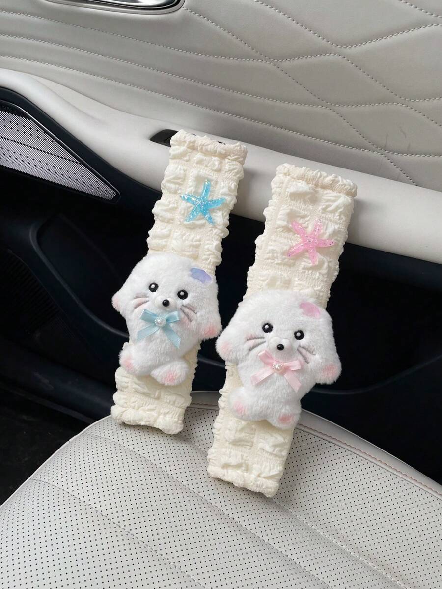 1/2pcs Cute Seal & Starfish Plush Car Seat Belt Covers, Safety Protection Pads - Multicolor - View 1