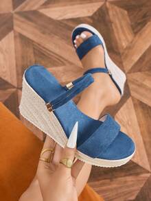Women's Wedge Thick Bottom Sandals, Woven Straw Rope, Minimalist Strap Two-Way Wear Round Toe High Heel Slides - Blue - View 4