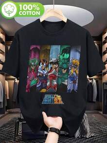 1 pcsCamiseta de Anime Saint Seiya para Hombre - Manga Corta con Personajes de Armadura Cósmica (Shazhi, Shura, Wolfwood, Leonidas) y Estampado de Texto Saint Seiya - Cuello Redondo Casual180g 100% Cotton - Negro - Ver 1