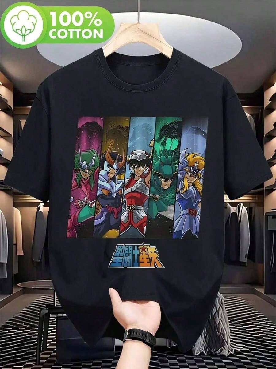 1 pcsCamiseta de Anime Saint Seiya para Hombre - Manga Corta con Personajes de Armadura Cósmica (Shazhi, Shura, Wolfwood, Leonidas) y Estampado de Texto Saint Seiya - Cuello Redondo Casual180g 100% Cotton - Negro - Ver 1