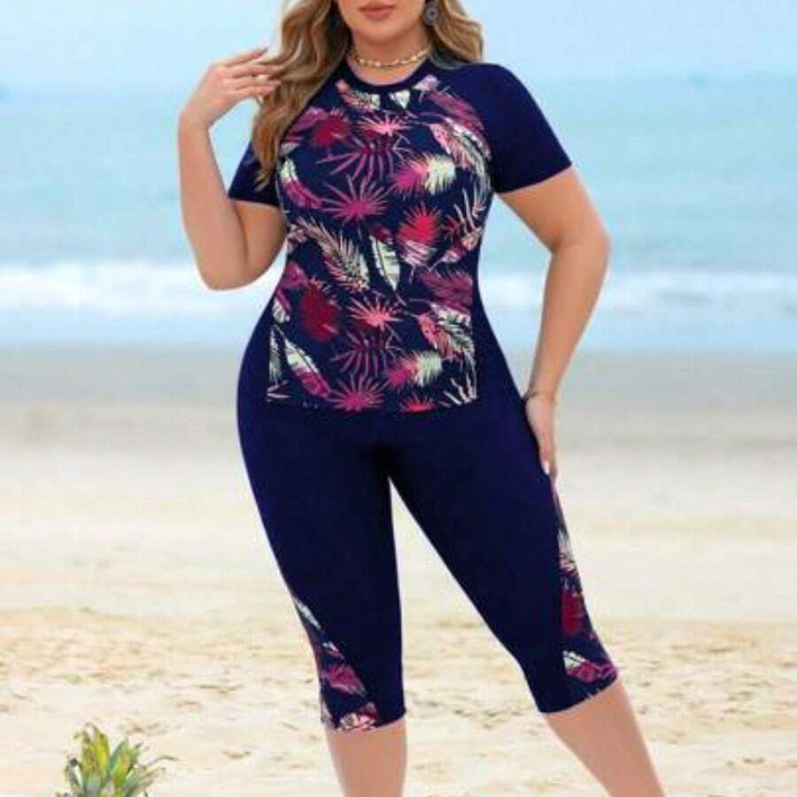 Swim Lushore Plus Size 2pcs Women Leaf Print Patchwork Top And Long Swim Shorts, Black Splicing Round Neck Sleeveless Bikini Set, Beach Vacation For Summer - Multicolor - Ver 1