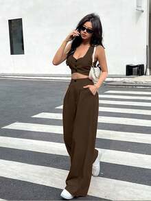 Set de 2 piezas para mujer: Top sin mangas de cuello de corazón con dobladillo asimétrico de unicolor y pantalón largo con bolsillo detallado - Café integral - Ver 4