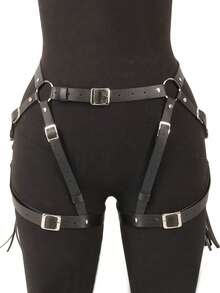 Women's Leather Gothic Tassel Thigh Garter Harness, Adjustable Waist Leg Body Harness Rave Party Accessories - Black - View 2