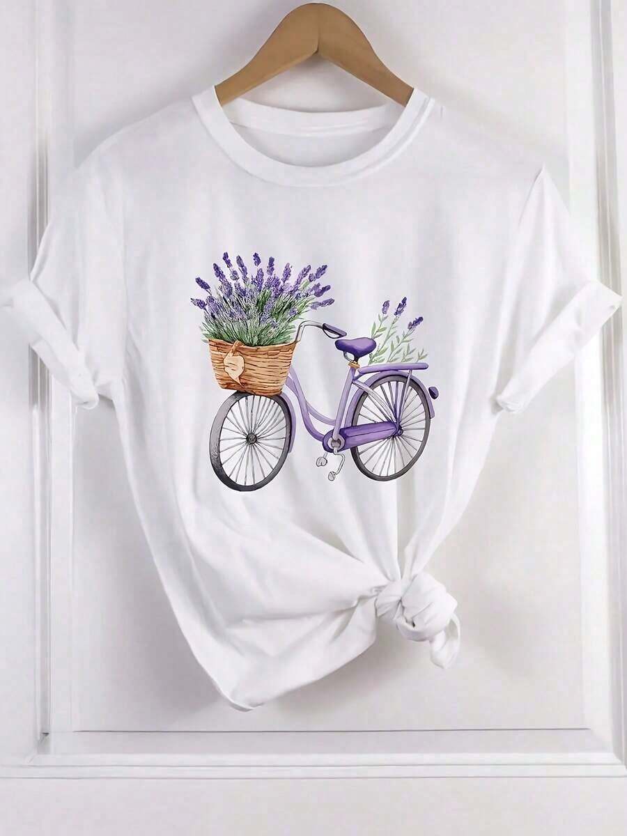 Floral Bicycle Print T-Shirt - White Background With Light Purple Bicycles And Flowers - Soft And Breathable Crew Neck T-Shirt, Suitable For Daily Summer Wear And Cycling Occasions - Machine Washable Casual T-Shirt, Loose Fit, Cool Design, Comfortable Material, Short Sleeve Style, Suitable For Fashion Enthusiasts, 2026 Concert Outfit | Exquisite Design | Loose And Comfortable | Easy To Match | - 白色 - 查看 1