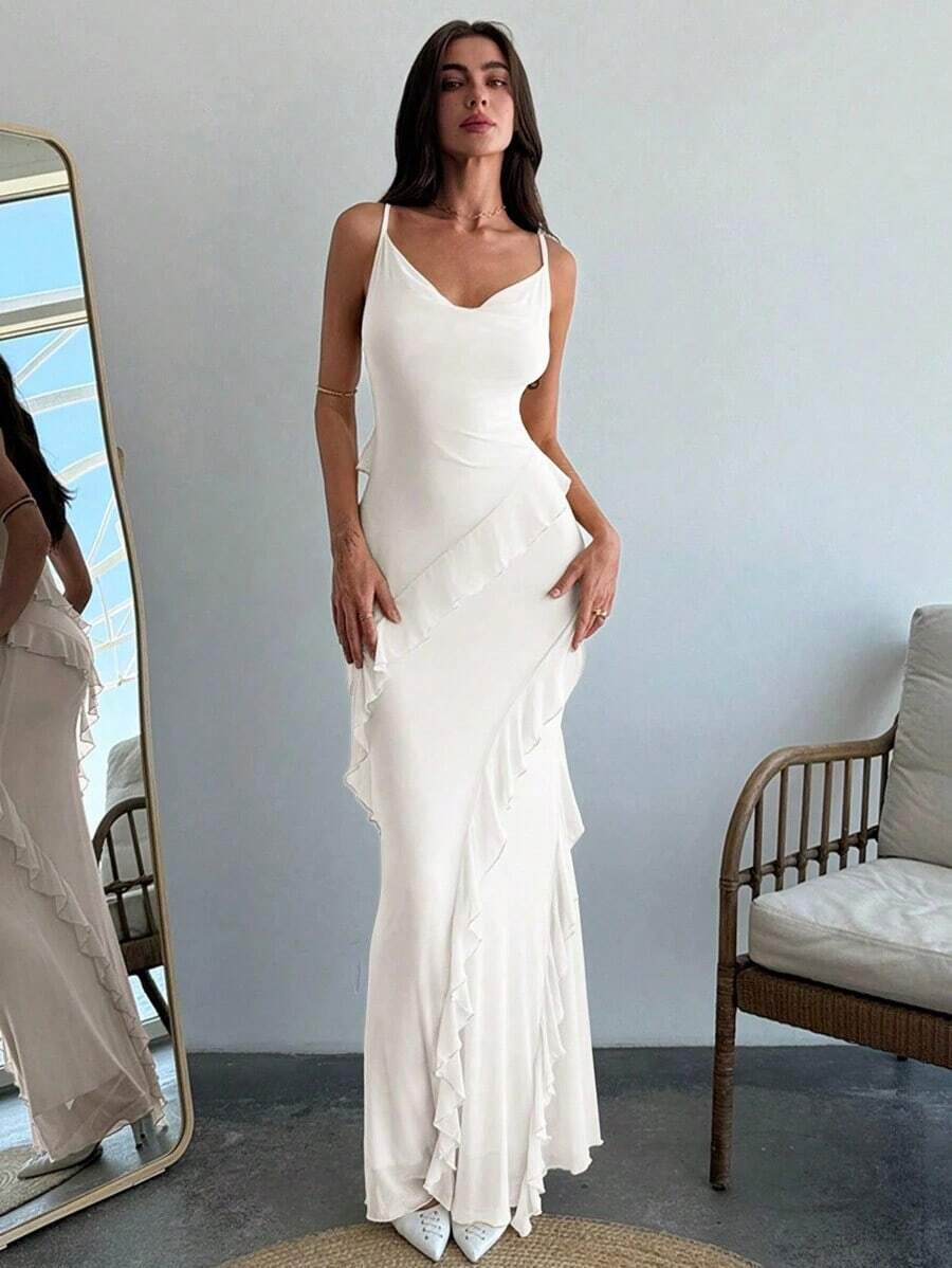 Vestido ceñido con tirantes finos, cuello drapeado y volantes para una cita romántica, para mujer.Vestidos de primavera/verano, regalo del Día de San Valentín, cita nocturna de San Valentín, "Sé mi Valentín", propuesta - Blanco - Ver 1