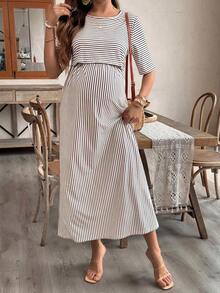 Vestido listado para maternidad y lactancia, moda adecuada para el verano - Caqui - Ver 1