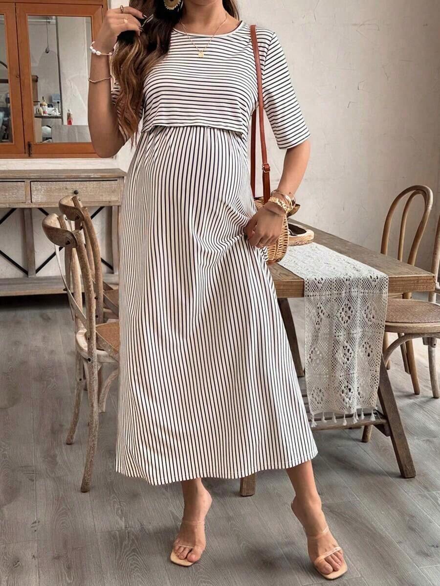 Vestido listado para maternidad y lactancia, moda adecuada para el verano - Caqui - Ver 1