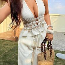 SunnyBelle Apricot Crinkle Texture Fabric Deep V-Neck Halter Top And Low-Waist Straight Leg Pants Two Pieces Set, Women's Spring/Summer Vacation Beach Bohemian Minimalist Elegant Vintage Casual Versatile - Negro - Ver 7