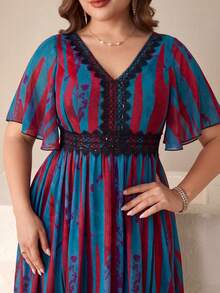 SUPGIR [Random Cut] Plus Size V-Neck Tie-Dye Patchwork Lace Short Sleeve Flared Maxi Dress, Spring/Summer - Multicolor - View 4
