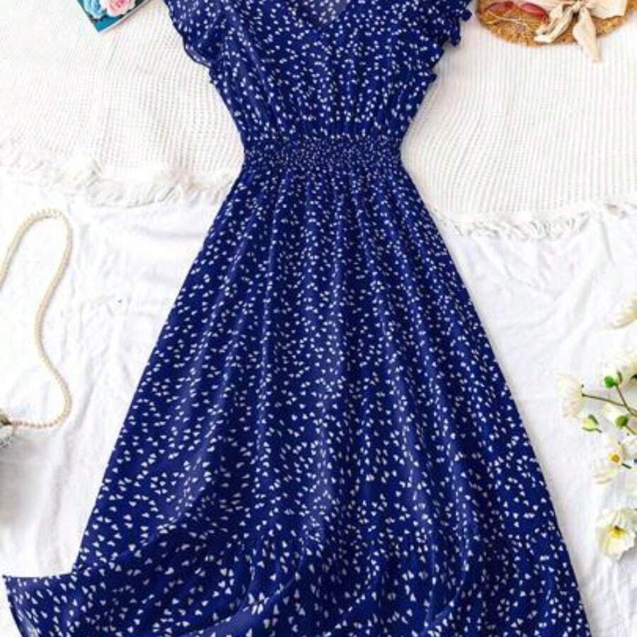 Women's Woven Printed Holiday Mid-Length Dress - azul real - Ver 1