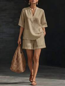 Women's Linen Blend Two-Piece Set With Half Placket Top And Elastic Waist Shorts - 卡其色 - 查看 1