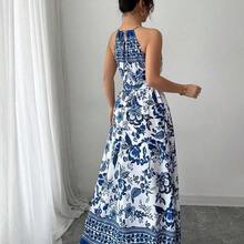 Women's Elegant Fashion Charming Beach Resort Casual Vacation Sleeveless Halter Waist Cinched Floral Print Maxi Dress (Random Floral Print) - Azul y blanco - Ver 3