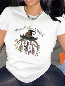 Women's Printed Crew Neck T-Shirts Are Made From A Lightweight And Durable Fabric, Featuring Prints Of Witch Hats And Magic Herbs, Making Them Perfect For Halloween Parties Or Casual Outings At Home Or In Restaurants. - 白色 - 查看 12