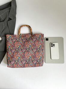 Túi xách tay cỡ lớn bằng vải canvas, họa tiết hoa điều, quai tre, dung tích lớn, túi đeo vai đa năng tiện dụng cho công sở (Họa tiết ngẫu nhiên) - Nhiều màu - Xem 5