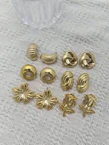 2/12pcs Set Gold Metal Textured Earrings, Niche Floral & Geometric Design, Versatile For Commute, Dating, Daily Matching - Gold - View 2
