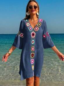 Swim Lushoire Vestido/Cubrecuerpo casual y holgado con estampado floral de ganchillo y cuello en V, manga 3/4, abertura lateral, color aleatorio, para mujer - Azul - Ver 6