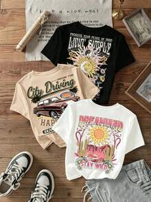 set pack conjunto camiseta Prenda individual, no un conjunto de 3 piezas, 1 piezas/set de camisetas de manga suitable for streetwear, Top oversized cuello redondo daily outings, camping, concerts, hip-hop, rock, and rap events casual de mujer de unicolor, cuello redondo, manga corta, versátil - Negro - Ver 1