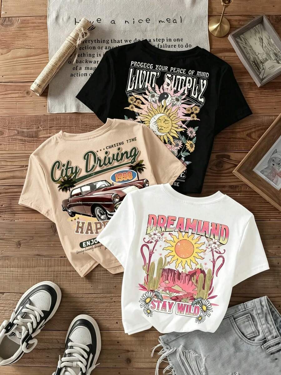 set pack conjunto camiseta Prenda individual, no un conjunto de 3 piezas, 1 piezas/set de camisetas de manga suitable for streetwear, Top oversized cuello redondo daily outings, camping, concerts, hip-hop, rock, and rap events casual de mujer de unicolor, cuello redondo, manga corta, versátil - Negro - Ver 1
