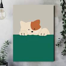 Enmarcado 1 pieza de pintura moderna decorativa sobre lienzo con marco - Encantador gato blanco asomándose tras un fondo verde, colores s, ideal para la decoración de paredes de la sala de estar, dormitorio, oficina en casa, listo para colgar, lienzo para pared - Enmarcado - Ver 4