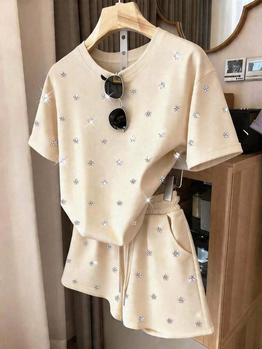 Conjunto informal de 2 piezas de mujer con estampado digital de rayas, cuello redondo y mangas cortas, regalo para amigos - Albaricoque - Ver 1