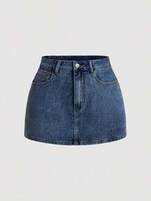 Falda mini de mezclilla con decoración de lazo para verano - Azul lavado oscuro - Ver 2