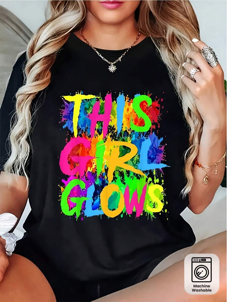 Camiseta Gráfica de Talla Grande para Mujer - Esta Camiseta Tie-Dye Fluorescente en Rosa, Verde, Azul, Morado, Negro - Lavable a Máquina, Atuendo Casual para Fiestas y Eventos Especiales - Ligera, Extra Larga para Uso Diario, Talla Grande, PLUS SIZE - Negro - Ver 1