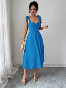 elegante y romántico para mujer con lazo decorativo en la cintura y corte evasé sin mangas - Azul - Ver 3