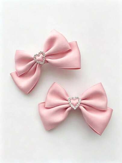 2pcs Pink Heart Shaped Bow Hair Clips, Wedding/Music Festival Bowknot Hair Accessories, Side Bangs/Pigtails Hair Clips