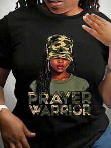 Camiseta de Mujer con Estampado de Guerrero en Oración, Tallas 0-8XL, Capa Base Casual para Salidas Diarias, Uso en Todas las Temporadas, Ajuste Cómodo, Cuello Redondo, Top con Gráficos Inspiradores - Negro - Ver 8