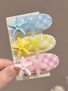 6pcs Girls Delicate Cute INS Style Versatile Hair Clips, Plaid 3D Starfish Side Bangs Decor Hairpins - Multicolor - View 7
