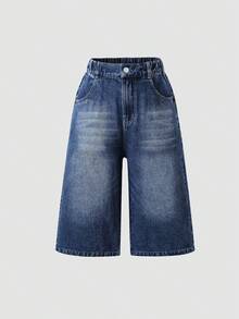1pc Girls Casual Everyday Street Ombre Blue Denim Jeans, Spring/Summer - Dark Wash - View 1