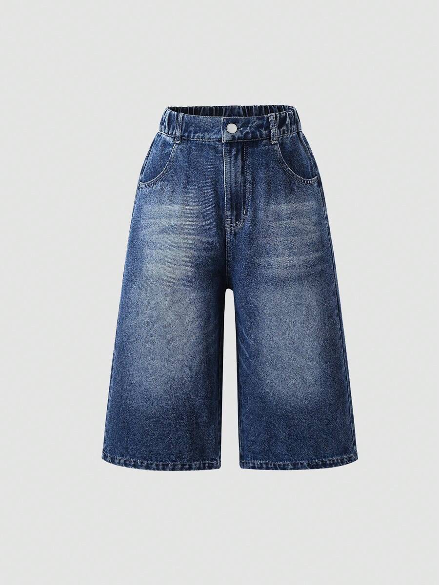 1pc Girls Casual Everyday Street Ombre Blue Denim Jeans, Spring/Summer - Dark Wash - View 1