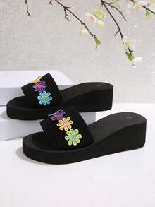 Women's Platform Wedge Sandals, Slip-Resistant Thick-Soled Comfortable Soft Knitted Colorful Embroidered Floral Open Toe Strap Thick Wedge Slides, European And American Bohemian Style, Suitable For Summer Beach, Vacation, Casual Wear, Black - Black Flowers - View 2