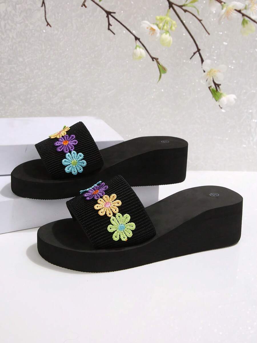 Women's Platform Wedge Sandals, Slip-Resistant Thick-Soled Comfortable Soft Knitted Colorful Embroidered Floral Open Toe Strap Thick Wedge Slides, European And American Bohemian Style, Suitable For Summer Beach, Vacation, Casual Wear, Black