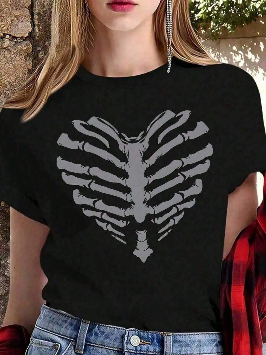 Women's Black T-Shirt With Skeleton Heart And Rib Print, Gothic Style And Dark Aesthetic Tee, Punk Rock Fashion Top, Urban Short Sleeve Blouse For Halloween Or Everyday Wear SAHT - 黑色 - 查看 1