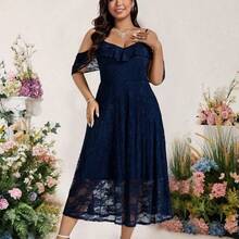 Cravure Plus Size Elegant Off The Shoulder Summer Women Outfit Spring Dress Evening Dress Formal Women Dresses Backless Lace Dress Wedding Women Dress - Azul Marino - Ver 7