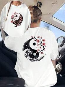 Camiseta de Algodón de 220 g/m² con Estampado Gráfico de Flor Yin Yang, de Doble Cara, Estilo Casual y a la Moda, con Cuello Redondo para Mujer (1 Pieza) - Blanco - Ver 4
