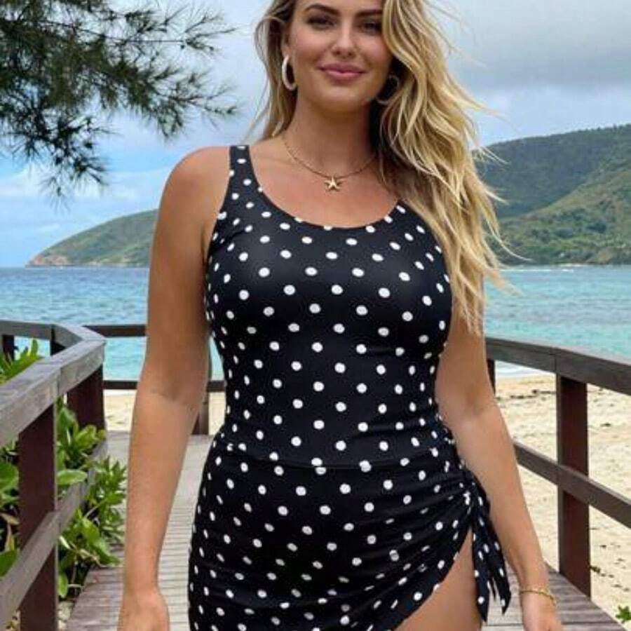 Swim Lushore Plus Size Women's Leaf Print Adjustable Strap Round Neck One-Piece Swimsuit With Triangle Bottoms, Elegant Sexy Casual Beach Vacation Outfit For Summer - Negro - Ver 1