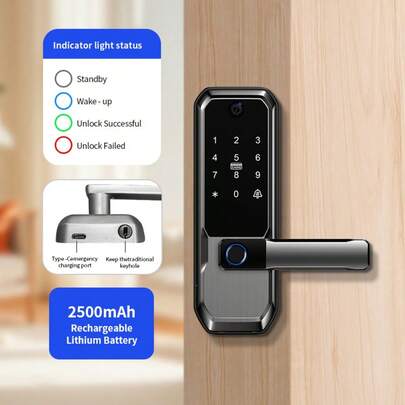 1 pieza Cerradura inteligente, cerradura de entrada electrónica sin llave con huella digital, cámara de video portero y teclado numérico, superficie pulida, alimentada por batería, acceso con tarjeta, adecuada para biométrica de puertas de hogar y oficina