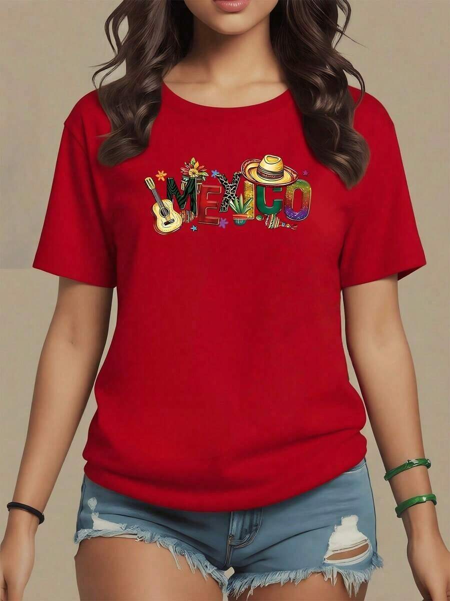 Estampado con la palabra México formada por guitarra sombrero flores y cactus que celebran la alegría y cultura del país camiseta para mujer 100% algodón suave y cómoda - Rojo - Ver 1