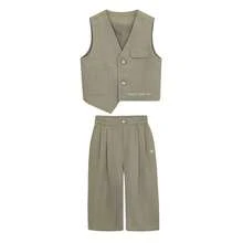 Young Boys 2pcs Set Exquisite Young Boy Formal Wear Vest + Shorts Suit Set Gentleman Style Spring Autumn Summer - Khaki - View 12